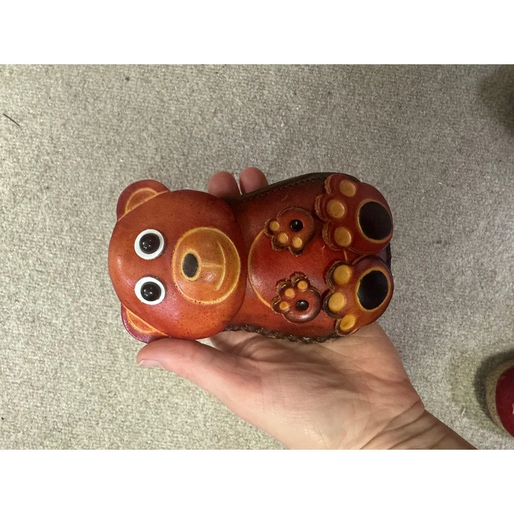 Handmade Brown Leather Teddy Bear Coin Purse Wristlet Small Zip‎ Pouch Kids